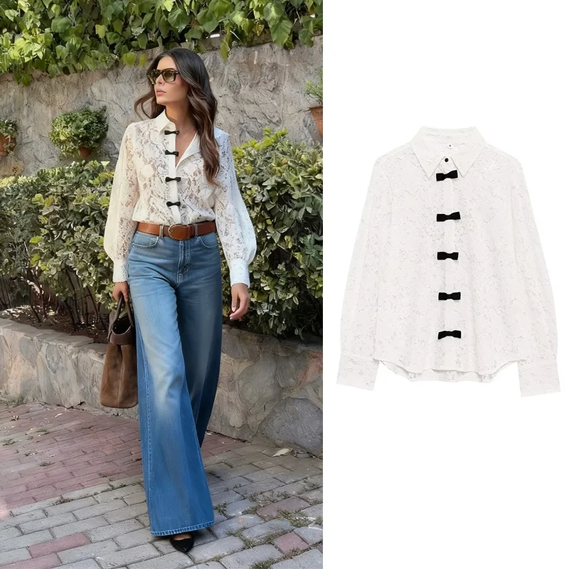 

CharmCant Bow Button Lace Blouse for Woman White Long Sleeve Shirt New in 2025 Autumn Fashion Vintage Elegant Social Top Female
