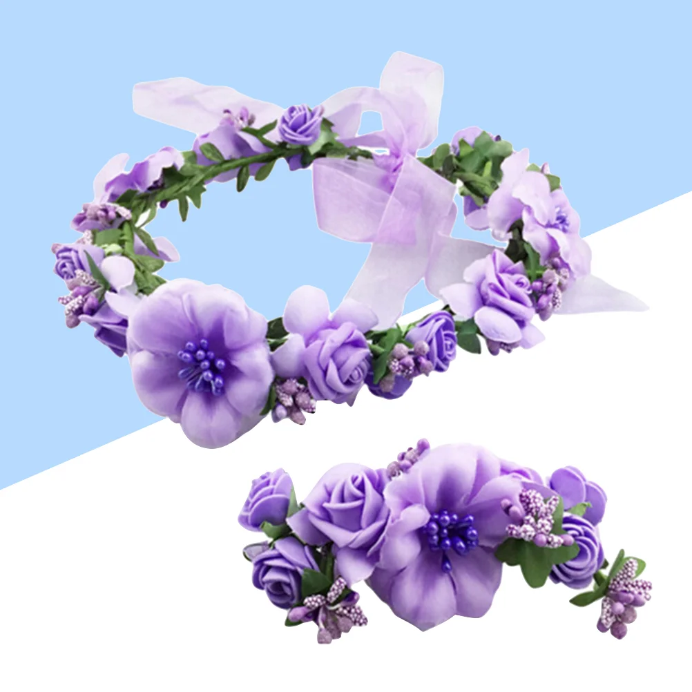 

2 Pcs Garland Floral Headdress Bridal Hairband Wedding Wristband Headwear Disposable Flower Girl Toddler