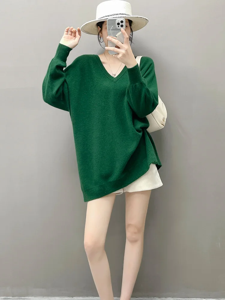 100% suéter de cachemira pura en otoño e invierno, suéter largo para mujer, vestido suelto con cuello en V y murciélago