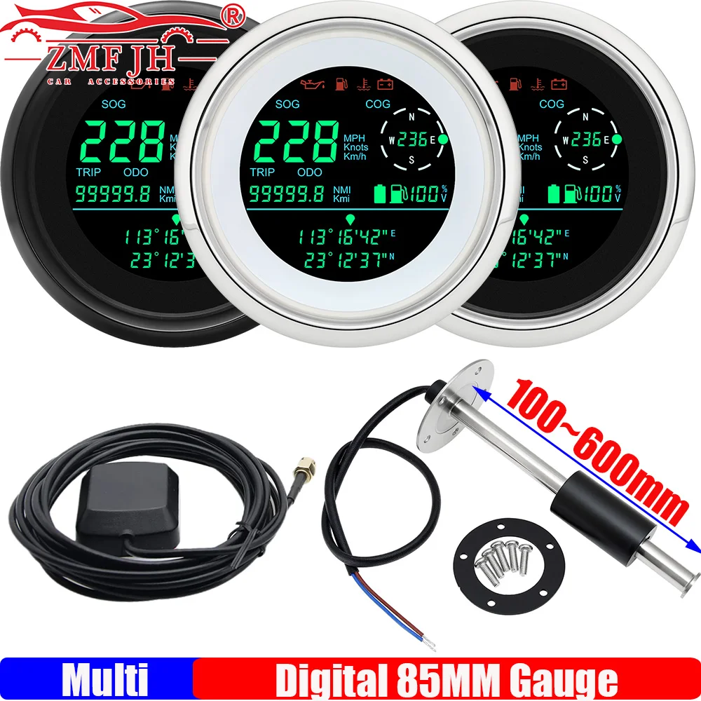 Цифровой многофункциональный GPS-спидометр 85 мм (0-299 км/ч, 0-190 мили/ч, 0-299 узлов/ч) с антенной и датчиком уровня топлива (0-190 Ом, 100-600 мм, опционально)