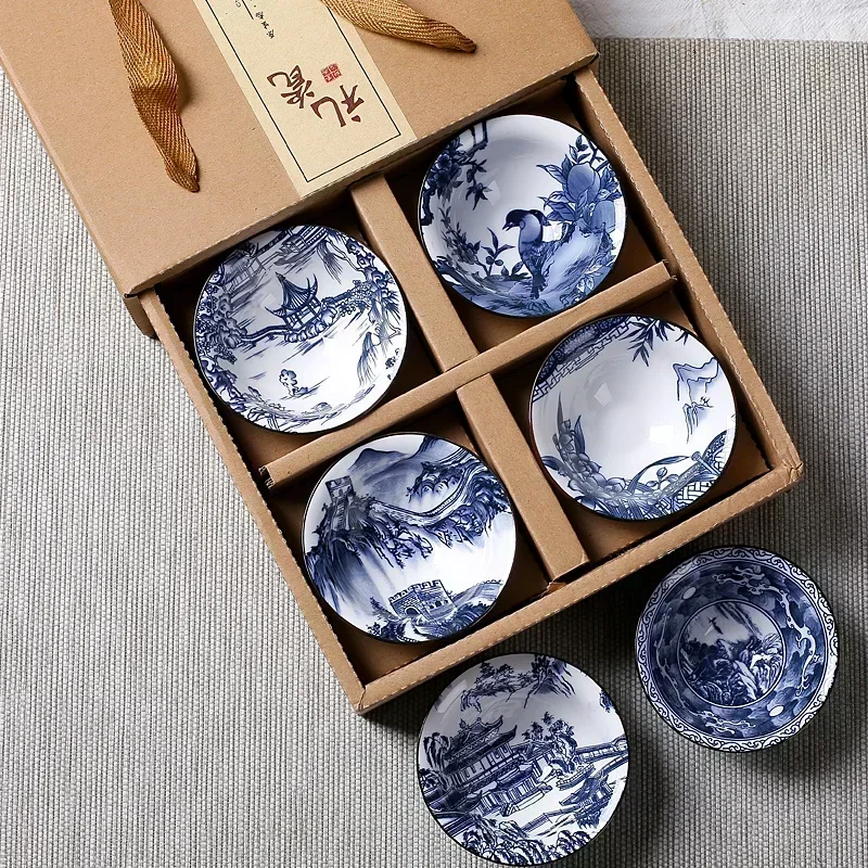 6PCS Chinese Household Teaware Blue and White Porcelain Tea Set Hand-painted Tea Cup Puer Black Tea Tieguanyin Ceramic Cups