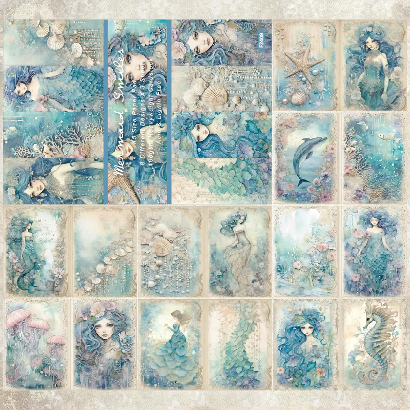 Vintage Watercolor Mermaid Underwater Seashell Dolphin Seahorse Jellyfish Old Script Collage Background Scrapbook Paper Card