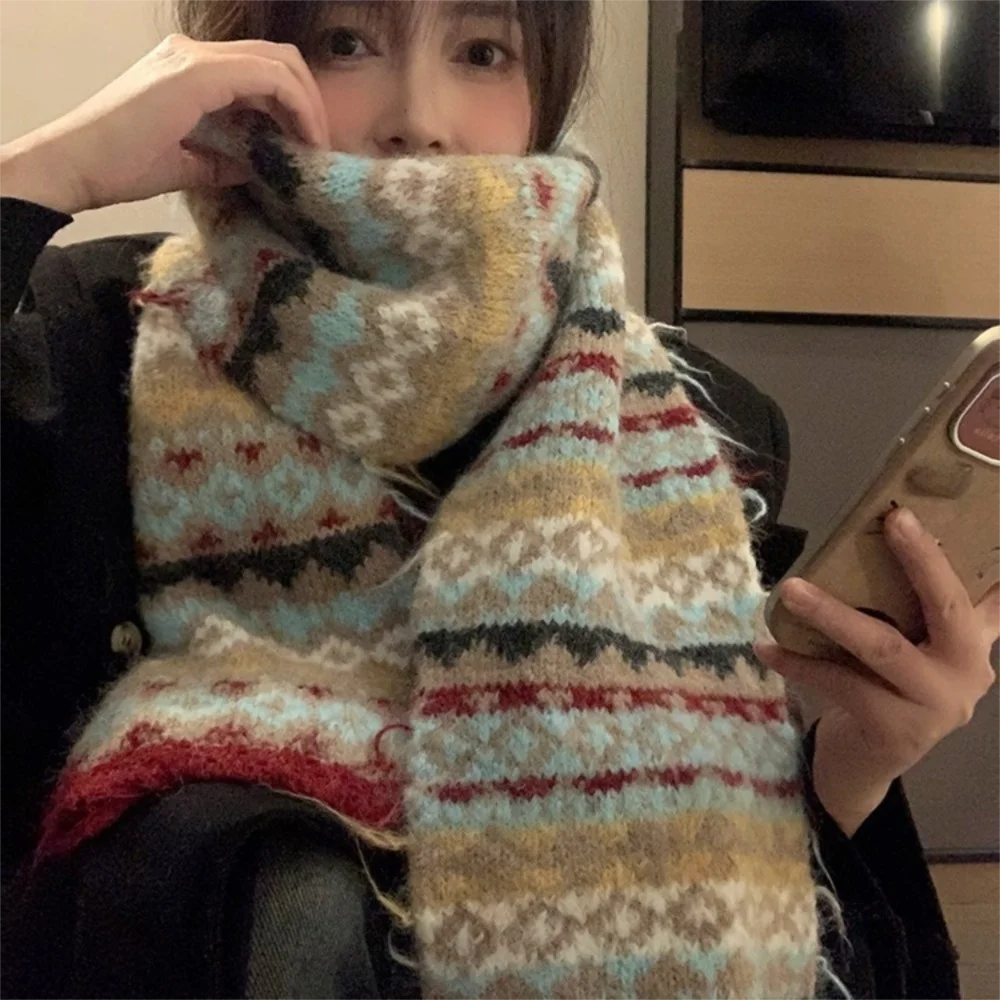 الرجعية متعدد الألوان الشتاء منقوشة وشاح دافئ مخطط تصميم شال التفاف لينة سميكة محبوك الأوشحة النساء