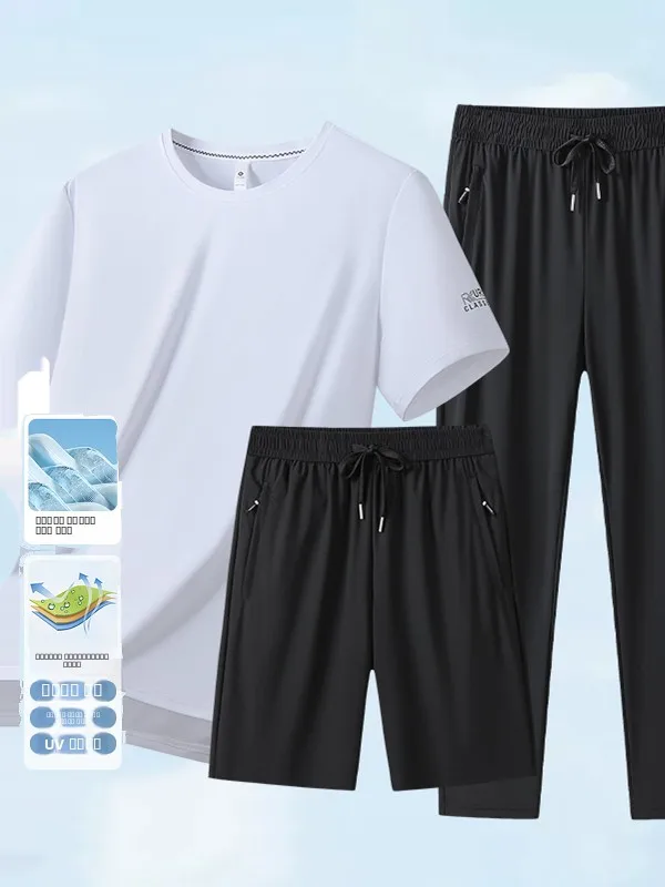 

Ice Silk Loose Fit ort Sve T-irt And orts Set for Men Breathable Qui Dry Casual Sportswear Five Inch Knitted Pants