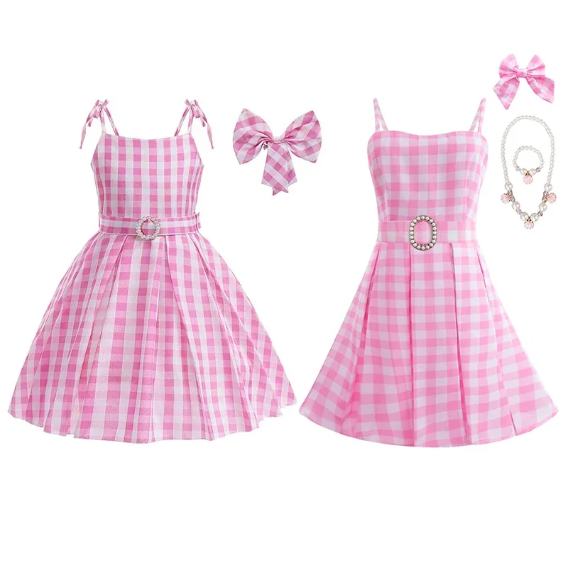 Movie Princess Margot Robbie Cosplay Children Plaid Dress Kids Girls Full Set Birthday Clothing Halloween Carnival