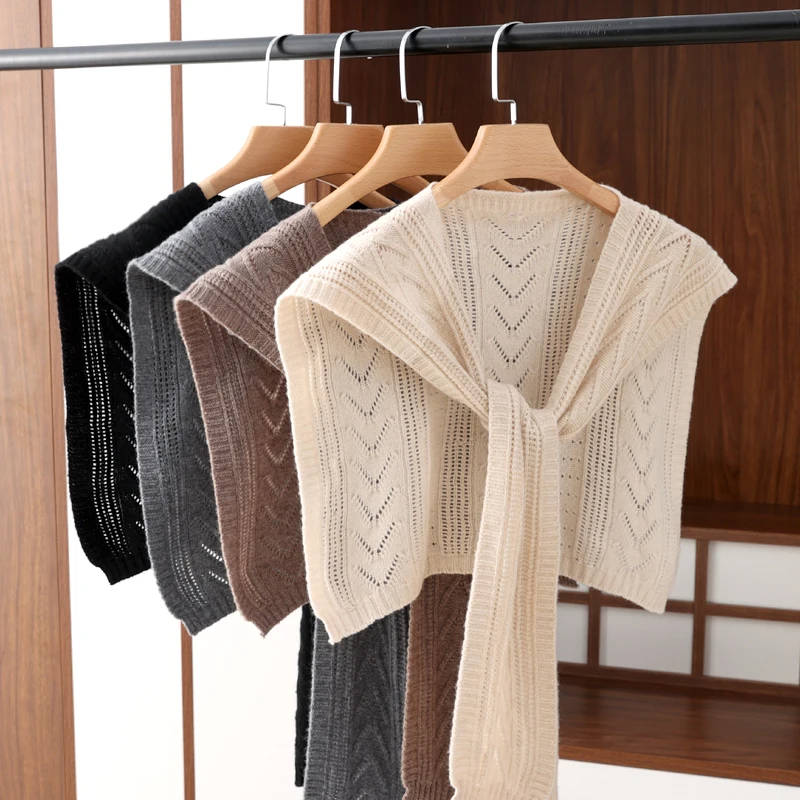 Spring Summer New Hollow Out 100% Wool Women's Shawl Scarf Solid Color Knitted Fashion Knot Thin Air Conditioning Shoulder Wrap