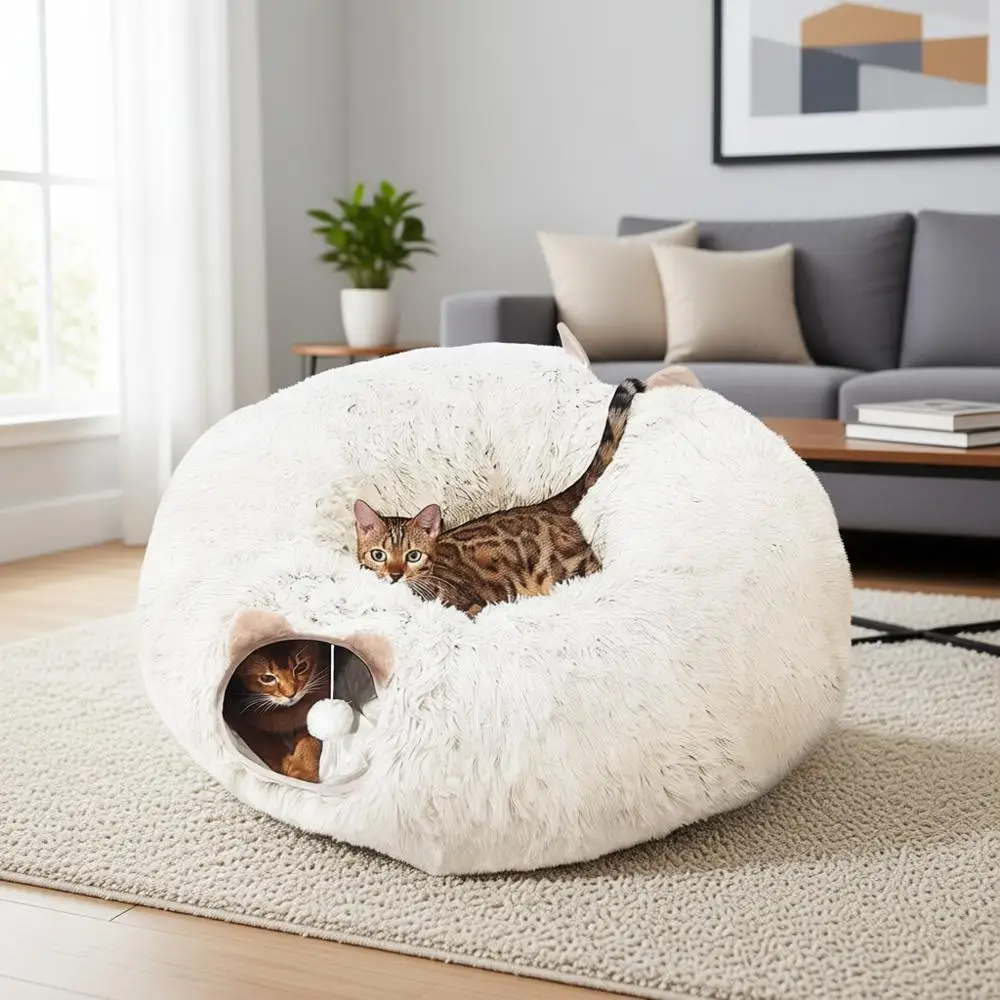 

Cat Tunnel with Cat Bed for Indoor Cats, Multifunctional Donut Tunnel Playground Toys for Cats Kitten