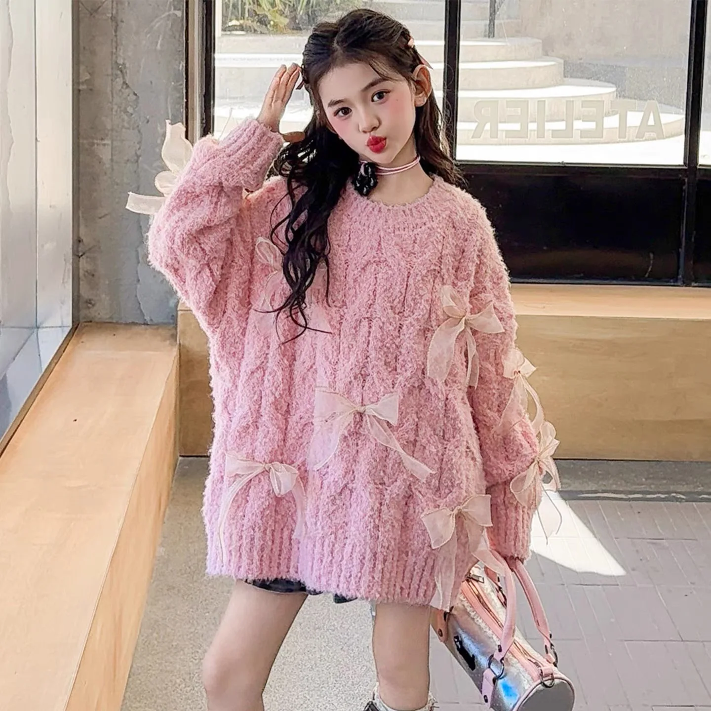 

Children's Fashionable Pink/White Bow Sweater, Autumn Sweater Dress, Suitable for Ages 7-14, Casual and Stylish