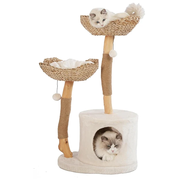 Modern Multi-Level Cat Tower Hiding Enclosure Natural Wood Cat Tree With Scratch Post