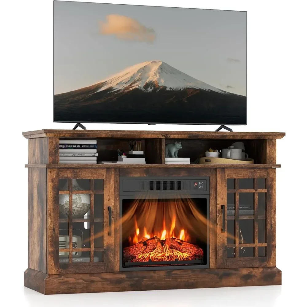 55 TV, 48 Inch Tv Stand with 18 Inch Electric Fireplace Heater, Mondern Tv Console w/Cabinets & Doors, 6H Timer & Remote Control