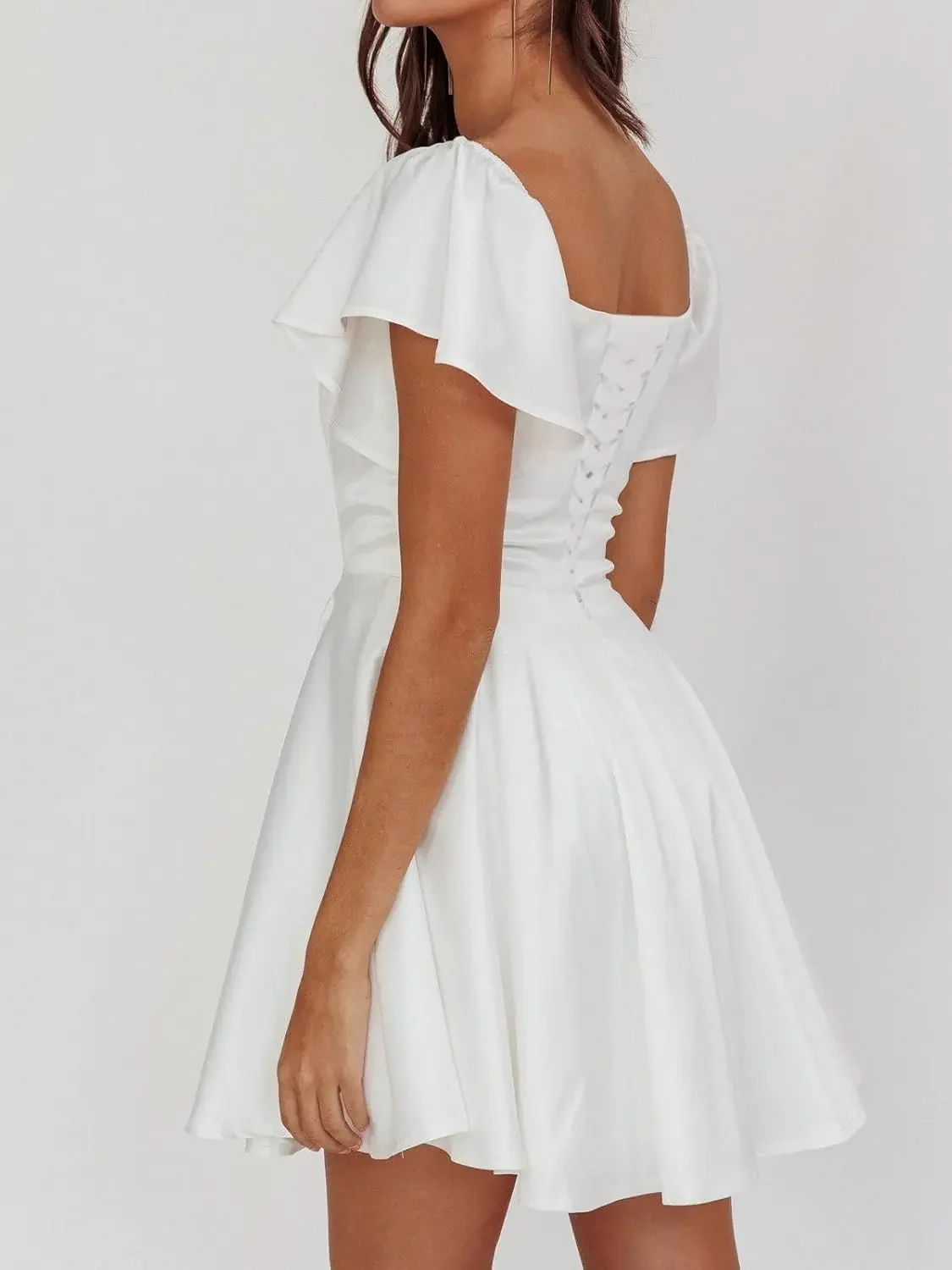 فساتين العودة للوطن من الساتان بأكمام قصيرة فلوي على شكل حرف A مشد لحفلات الكوكتيل فستان زفاف صغير صغير فستان عيد الميلاد #3