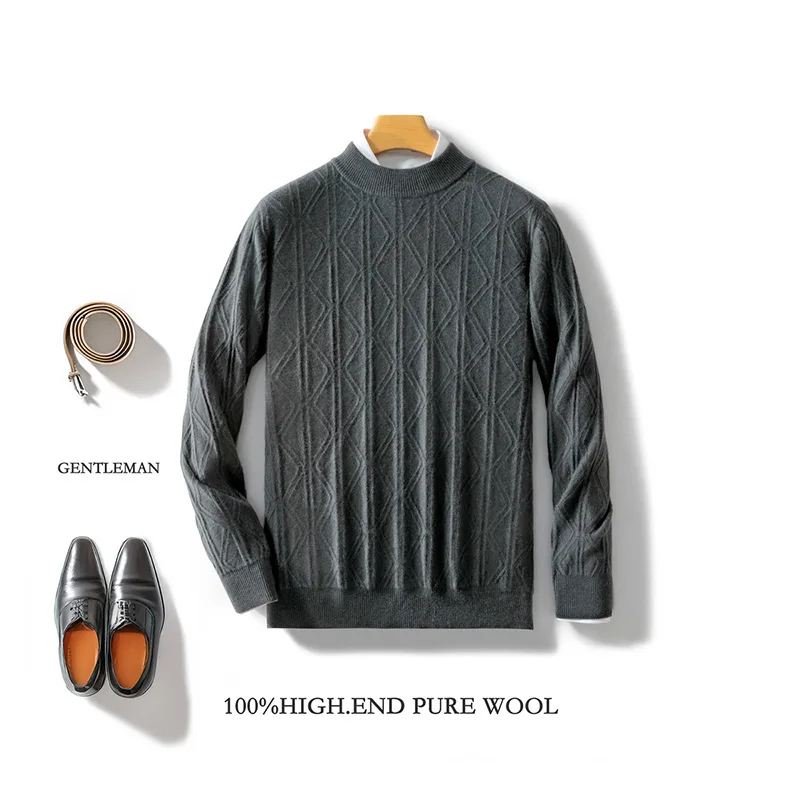 Autumn and winter new high-quality soft 100% merino sweater semi-high neck solid color thick knitted sweater.