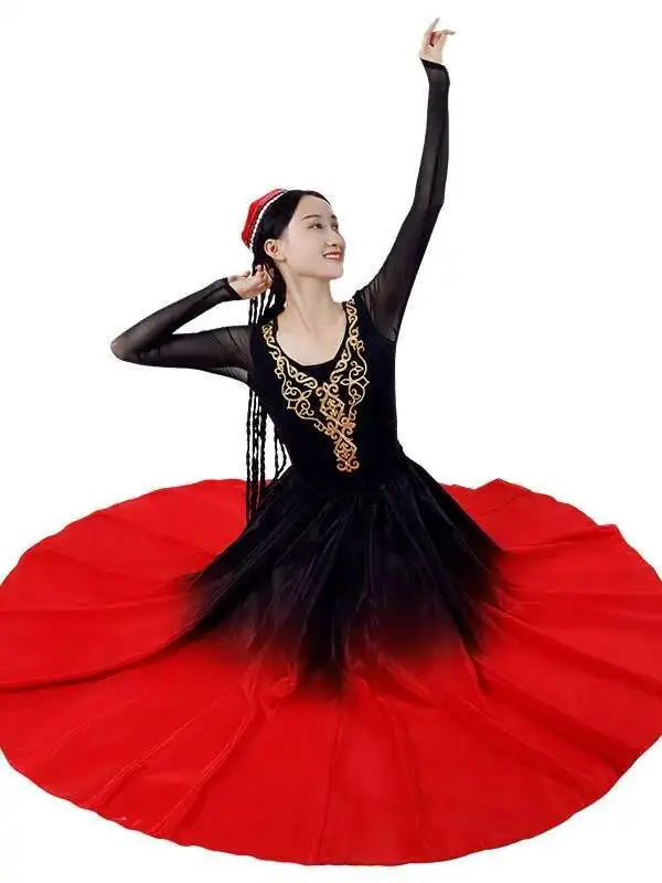 Jupe d'entraînement de danse du Xinjiang, robe de danse ouïghoure Yi, Costume de spectacle tibétain, demi-jupe, grande jupe pivotante pour adulte