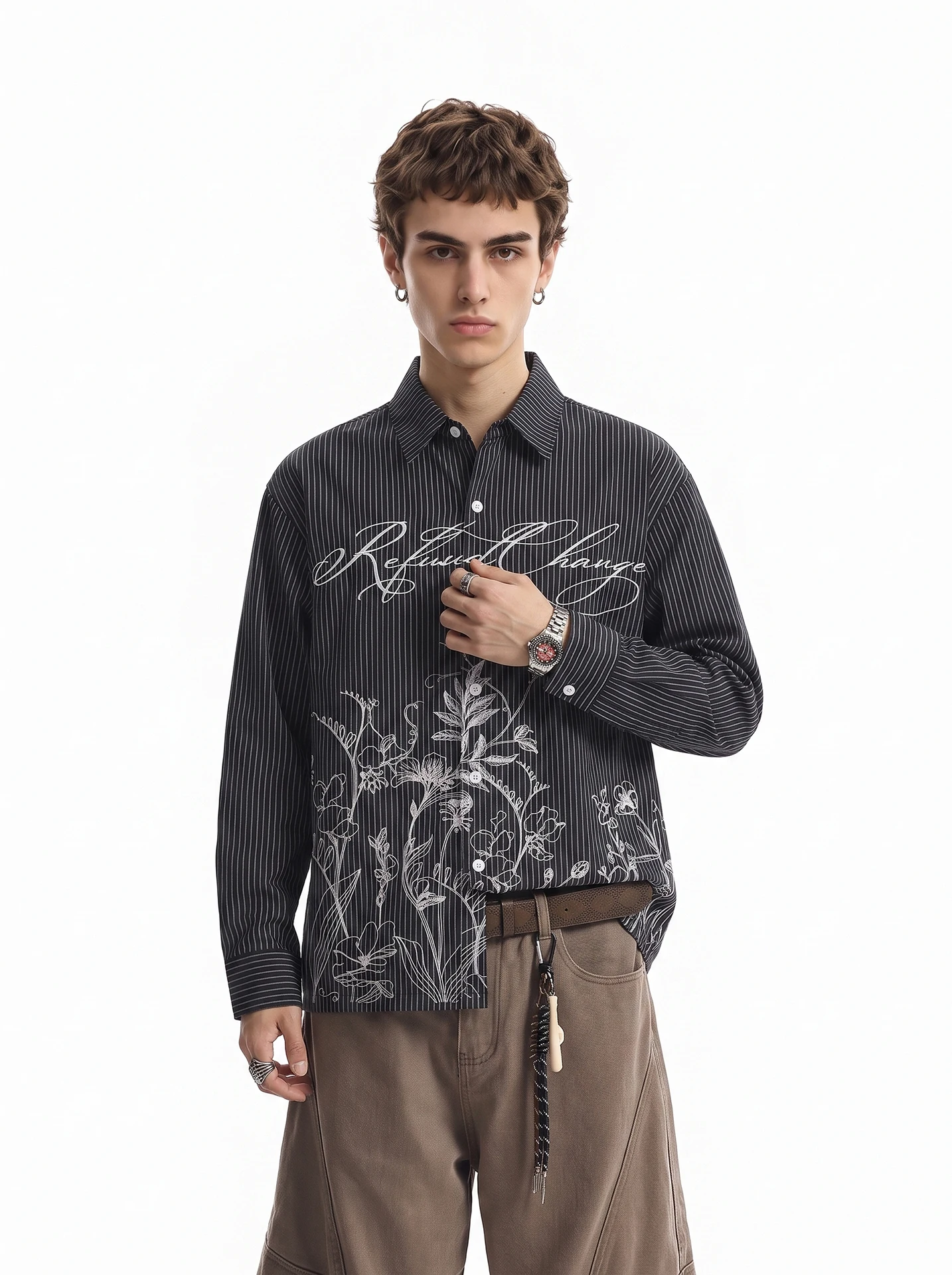 American Retro Floral Print Striped Long Sleeve Loose Men's Shirt Autumn Casual Fashion Street Style Tagkita Brand