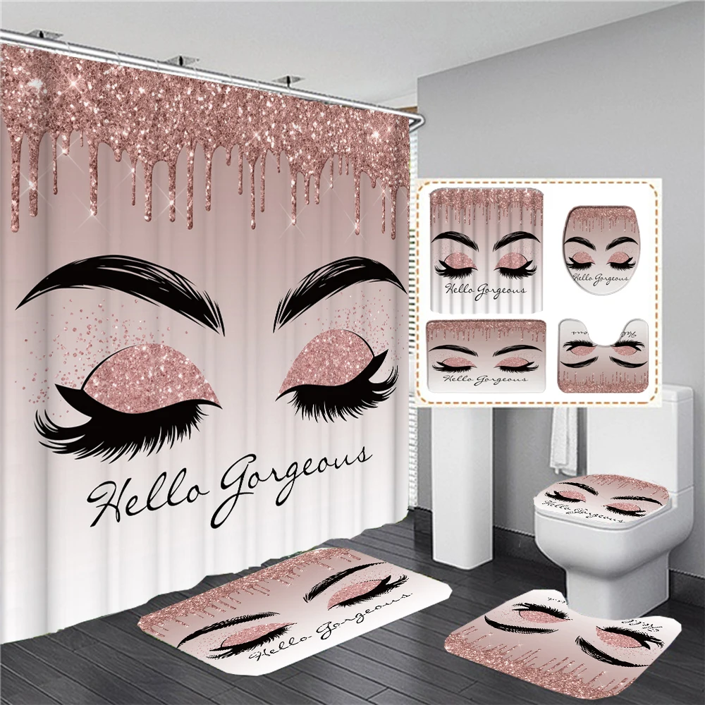 Waterproof Shower Curtain Sets with Rugs Girly Pink Gold Eyelash Makeup Bath Rug Mats with Hooks Toilet Seat Cover Bathroom Deco