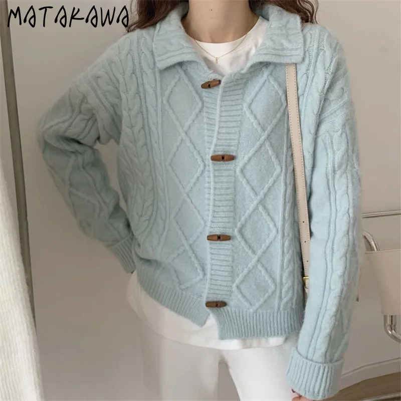 

Matakawa Horn Button Women Cardigans Japanese Style Solid Autumn Winter Sweaters Sweet Fashion Vintage Thick Sueter Mujer