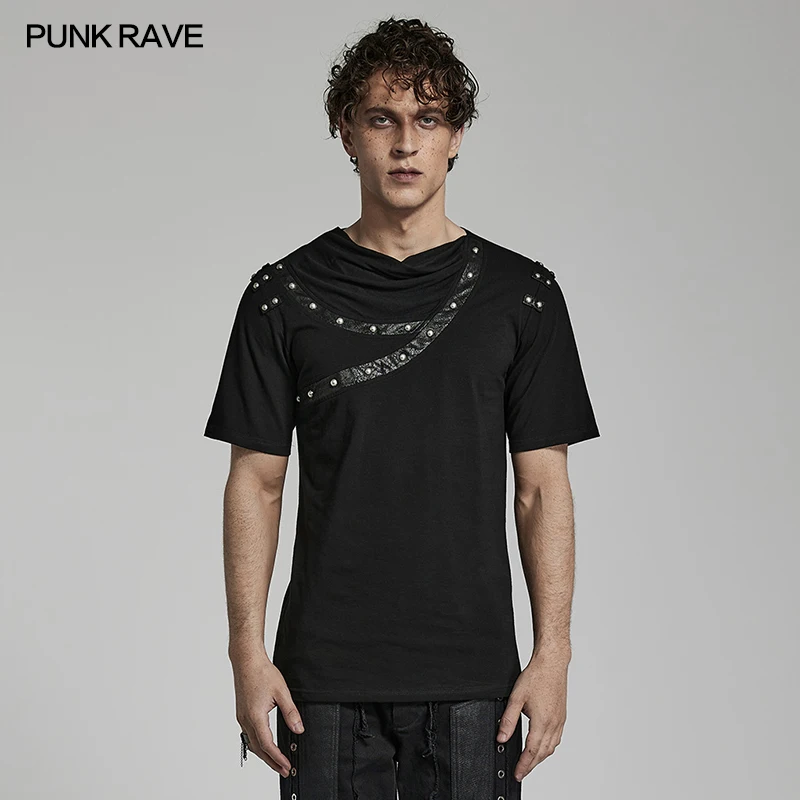 

PUNK RAVE Men's Punk Daily T-shirt Asymmetric Drop Collar T-shirt Personality Streetwear Cool Summer Tops for Men