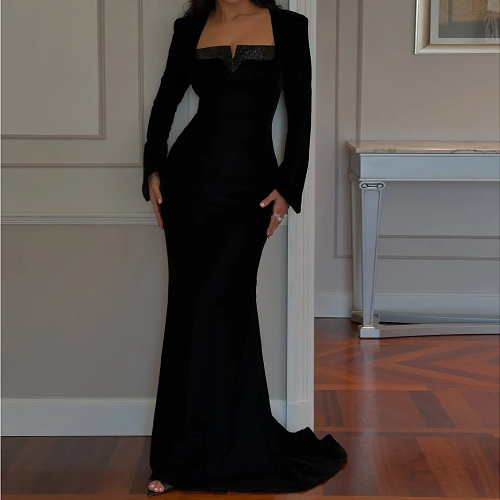 Robe de soirée sirène personnalisée, longueur au sol, col carré, manches longues, robe de bal, paillettes, Simple, drapée, à la mode