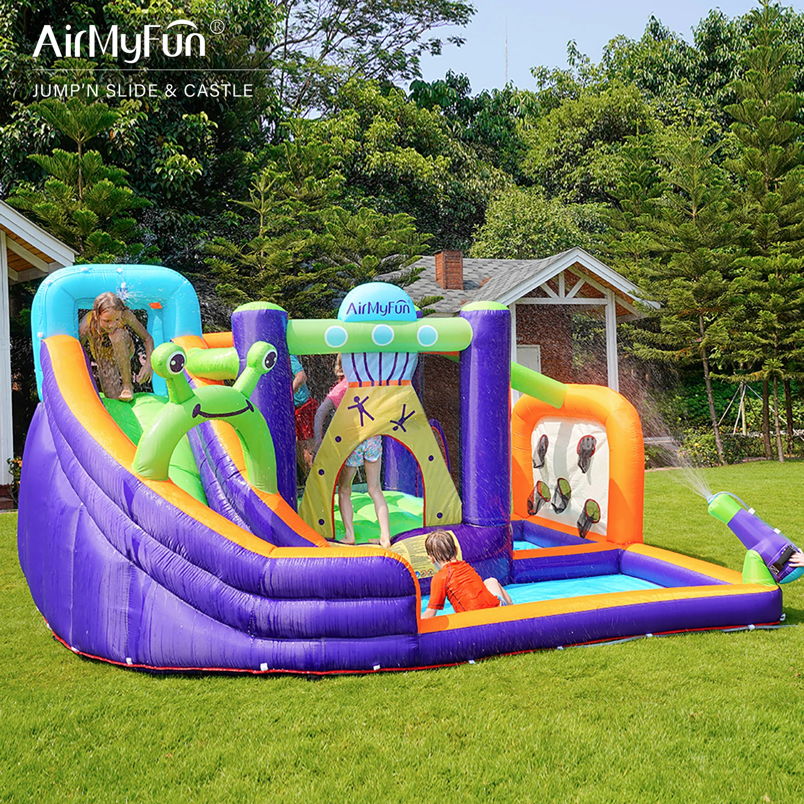 AirMyFun Inflatable Water Bounce House for Kids with Long Slide and Ball Pool, Kids Bouncy Playhouse for Outdoor or Indoor