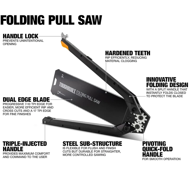 TOUGHBUILT TB-H4-21-2X Folding 10-in Cross-cutting Pull Saw Strong Durable Ultra-thin Blades Woodworking Cutting Hand Tool