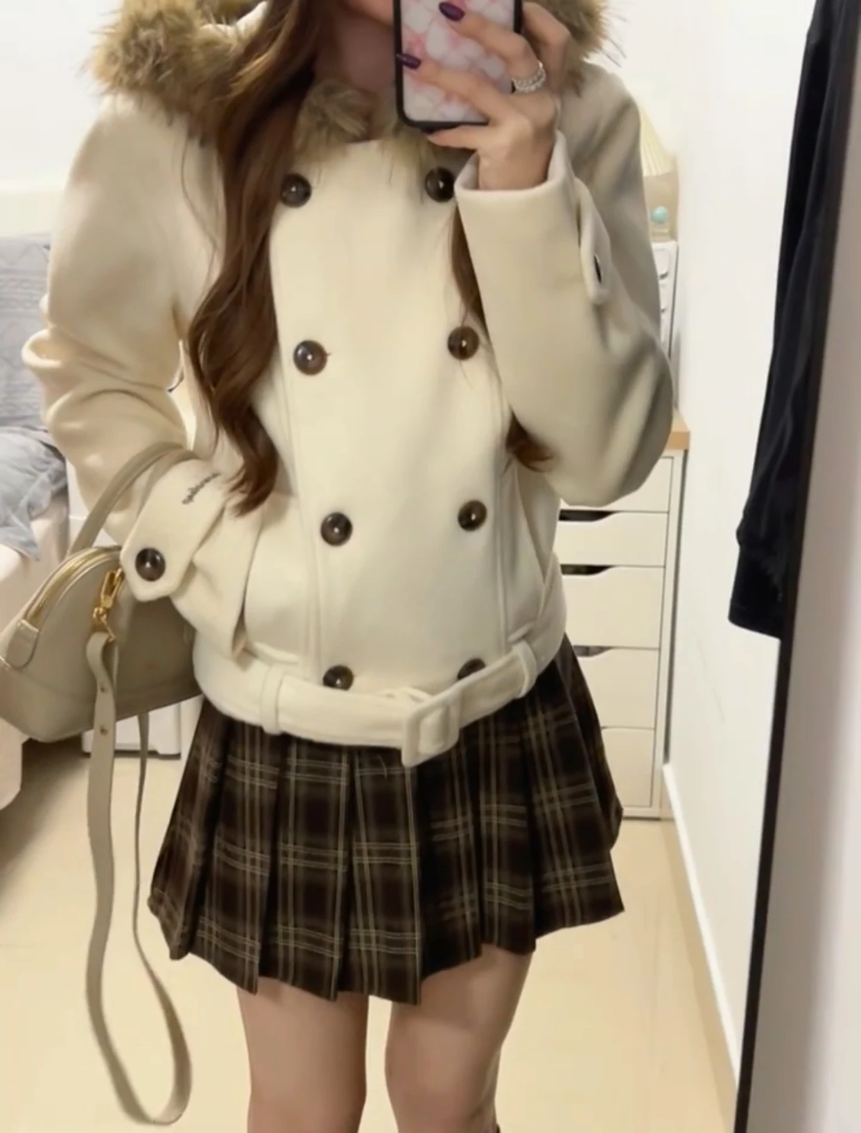 

Корейское зимнее пальто Sle Thiened для женщин, модное пальто с большим меховым воротником, укороченное, с капюшоном, шерстяное пальто