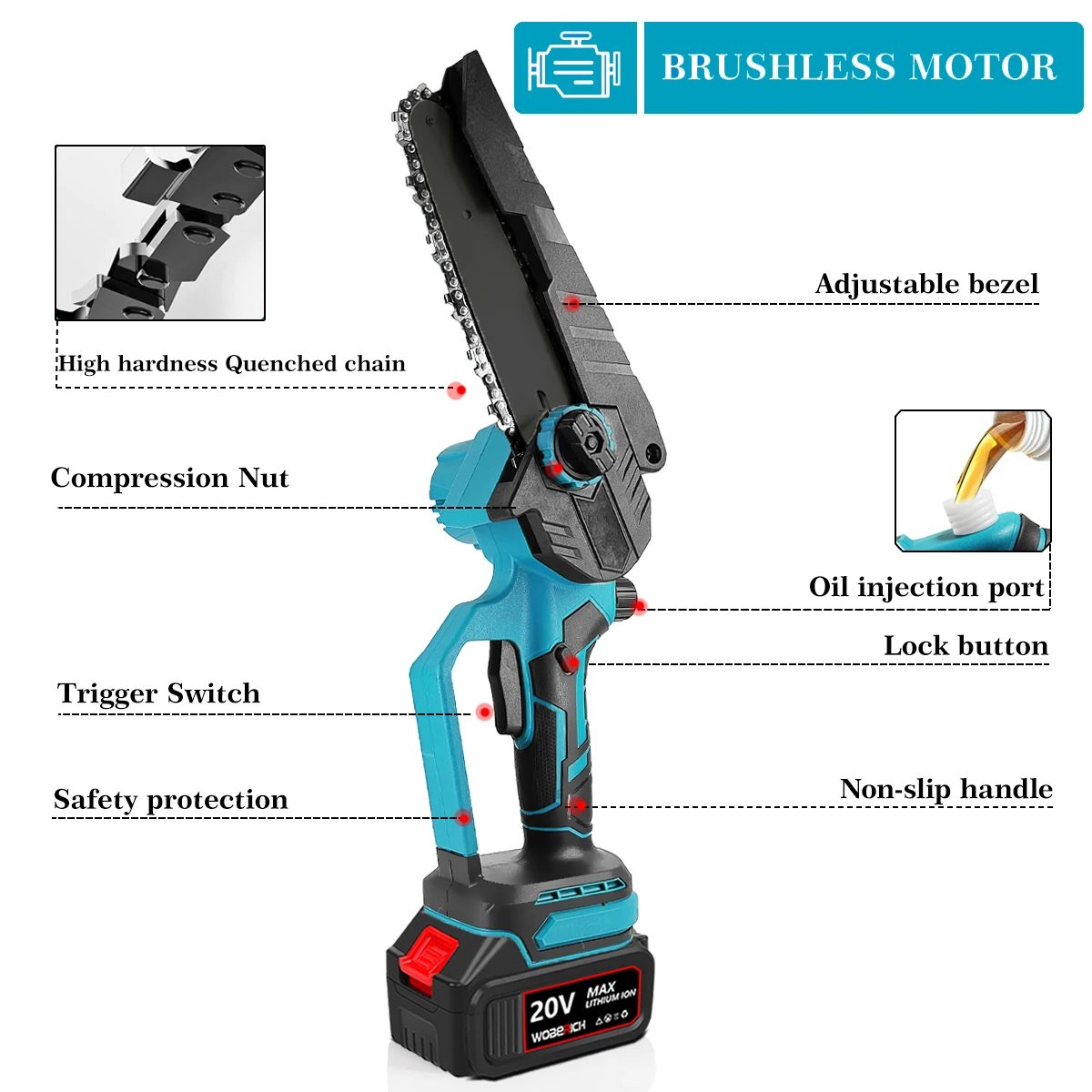 Brushless 6 Inch 21V Mini Powerful Cordless Electric Chain Saw Woodworking Handheld Pruning Chainsaw Garden Cutting Tool