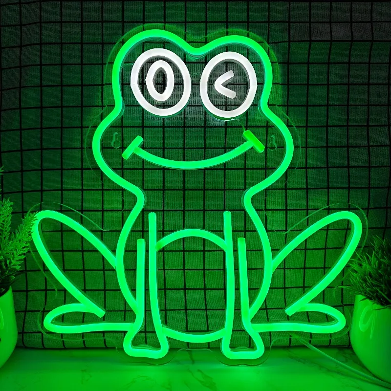 Green Frog Sitting Neon Sign with Blinking Eyes - USB-Powered LED Night Light, Dimmer Switch Control