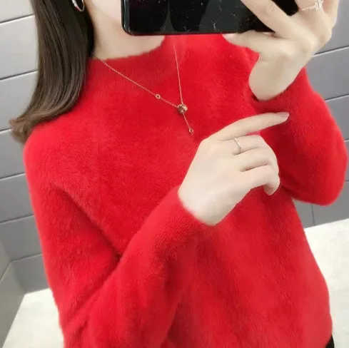 Women's Autumn Winter Imitation Mink Sweater Solid Color Simple All-match Knitted Pullover Sweaters Knitwear Bottom Shirt Female
