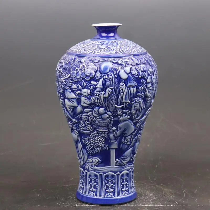 Chinese Qing Qianlong Blue Glaze Porcelain Relief Chinese Zodiac Vase 11.65