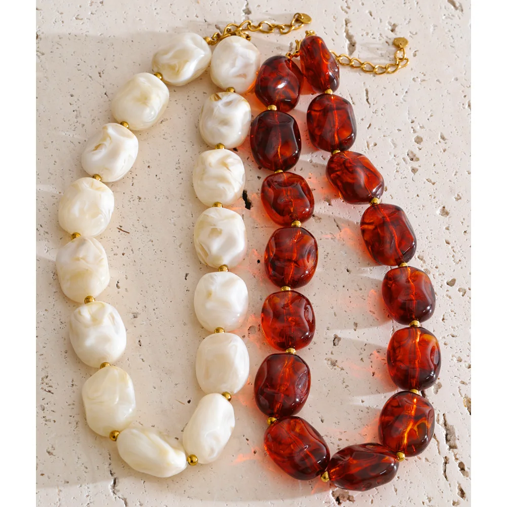 Amber Beige Acrylic Resin Beaded Jewelry Set: Necklace Bracelet Bangle