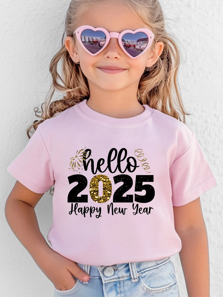 Hello 2025 Printed Kids T-shirts Fashion Happy New Year Party Tees for Girls Boys Clothing Short Sleeve Tops Children's Outfits