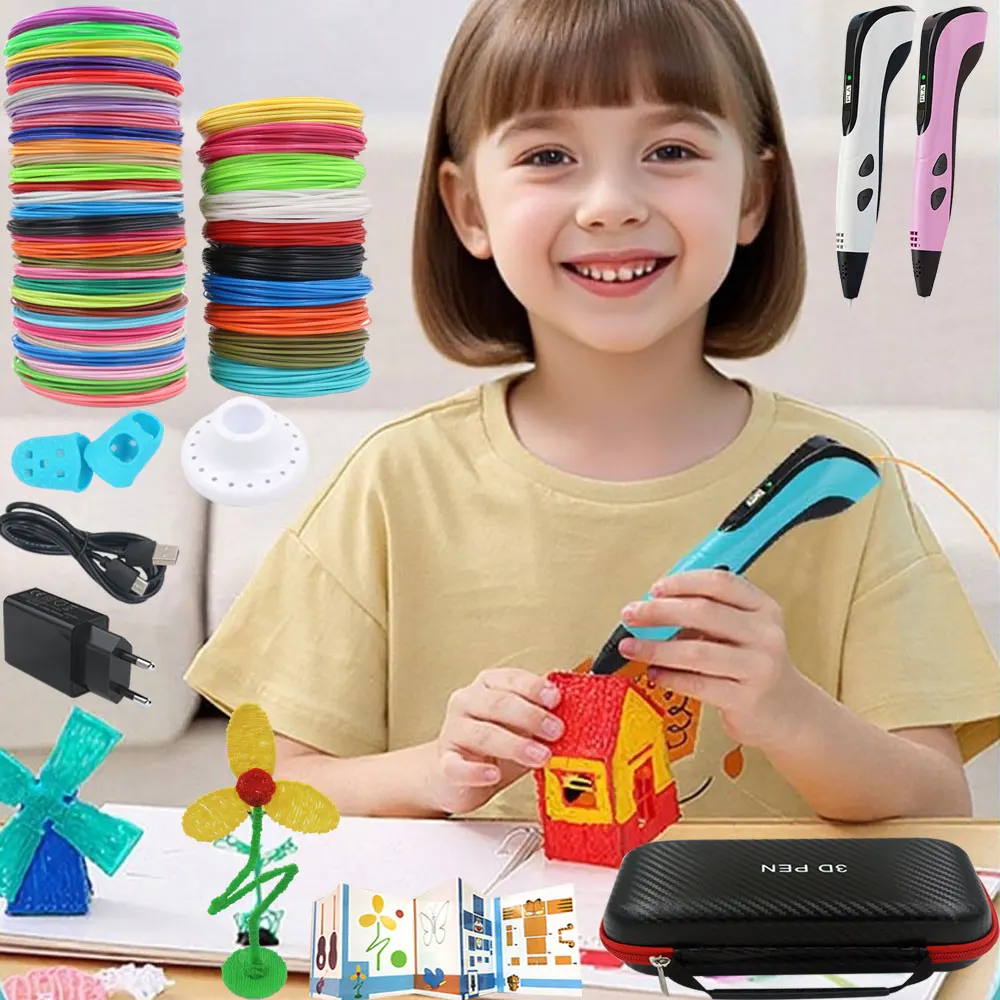 

2026 Popular Kids 3D Pen with LED Display Power Adapter Travel Case PLA Filament Children's Birthday Christmas Creative Toy Gift