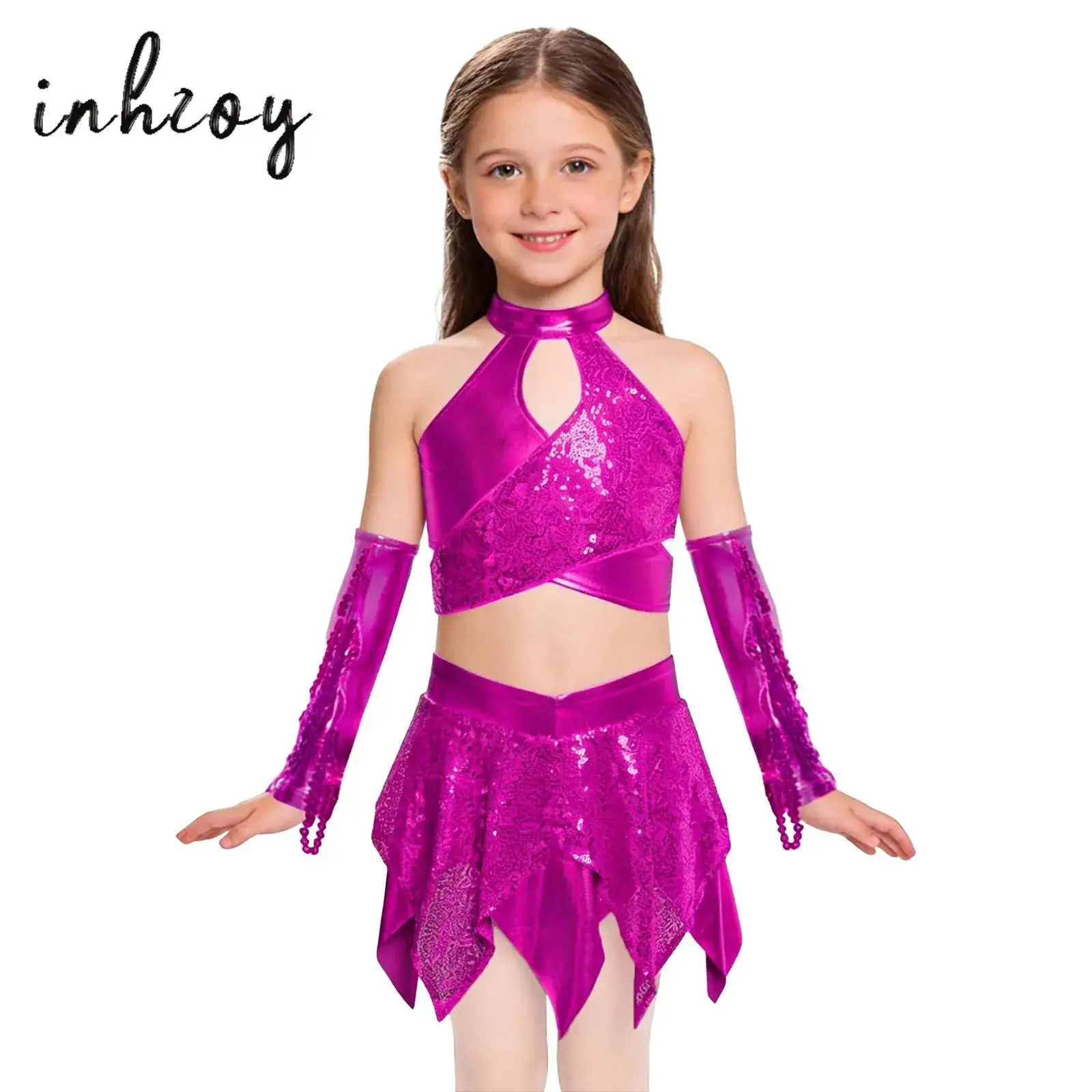 

Kids Girls Artistic Figure Skating Outfit Ballet Dance Performance Jazz Hip Hop Dance Costume Sequin Crop Tops+Skirts+Gloves Set