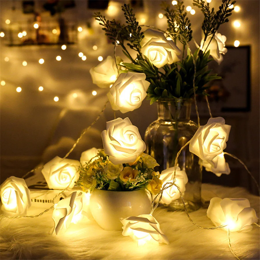 PAMNNY-guirnalda de luces LED con forma de rosa, guirnalda de Navidad alimentada por batería, luces de hadas para decoración de fiestas del Día de San Valentín, 10/20/40led