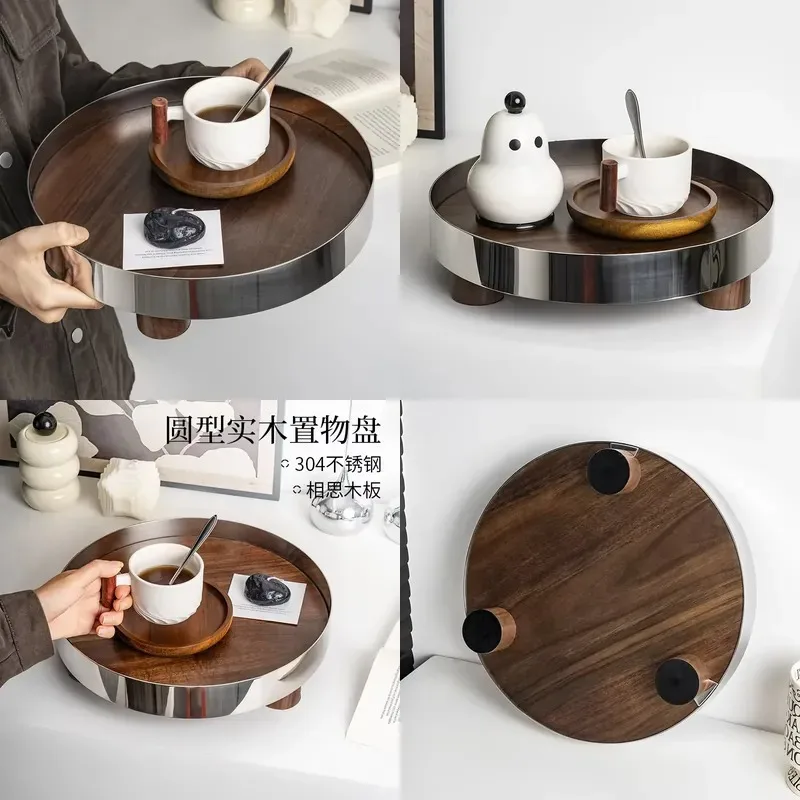 Chrome-plated silver luxury stainless steel solid wood round decoration storage and jewelry display tray suitable for model