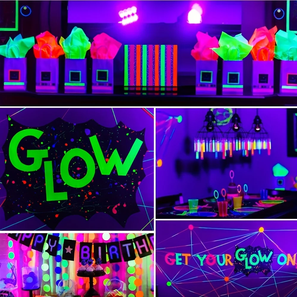 Fluorescent Cotton Tape 6 Colours, UV Blacklight Reactive, Neon Coloured For Party Decoration, Halloween, Crafts