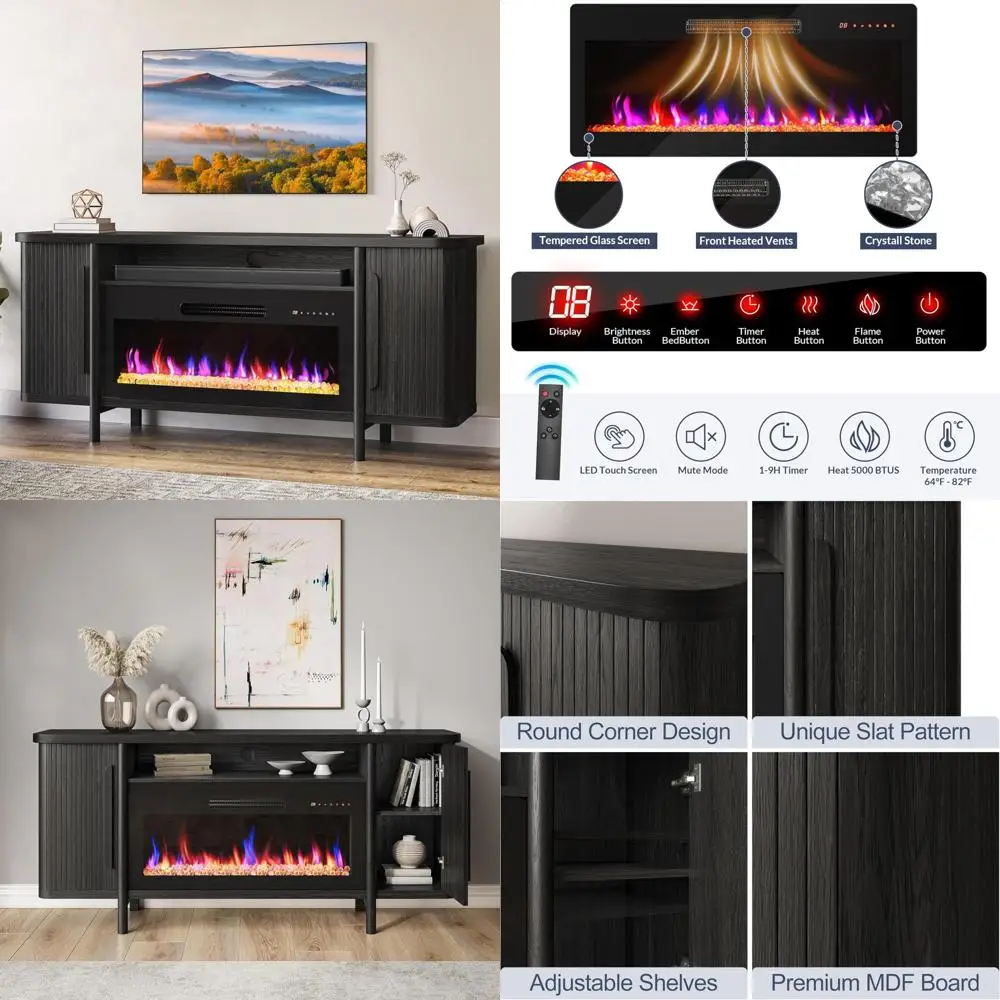 

66-inch TV Stand with Built-in Electric Fireplace, Wood Console Table for TVs up to 75, Entertainment Center with Storage Cabine