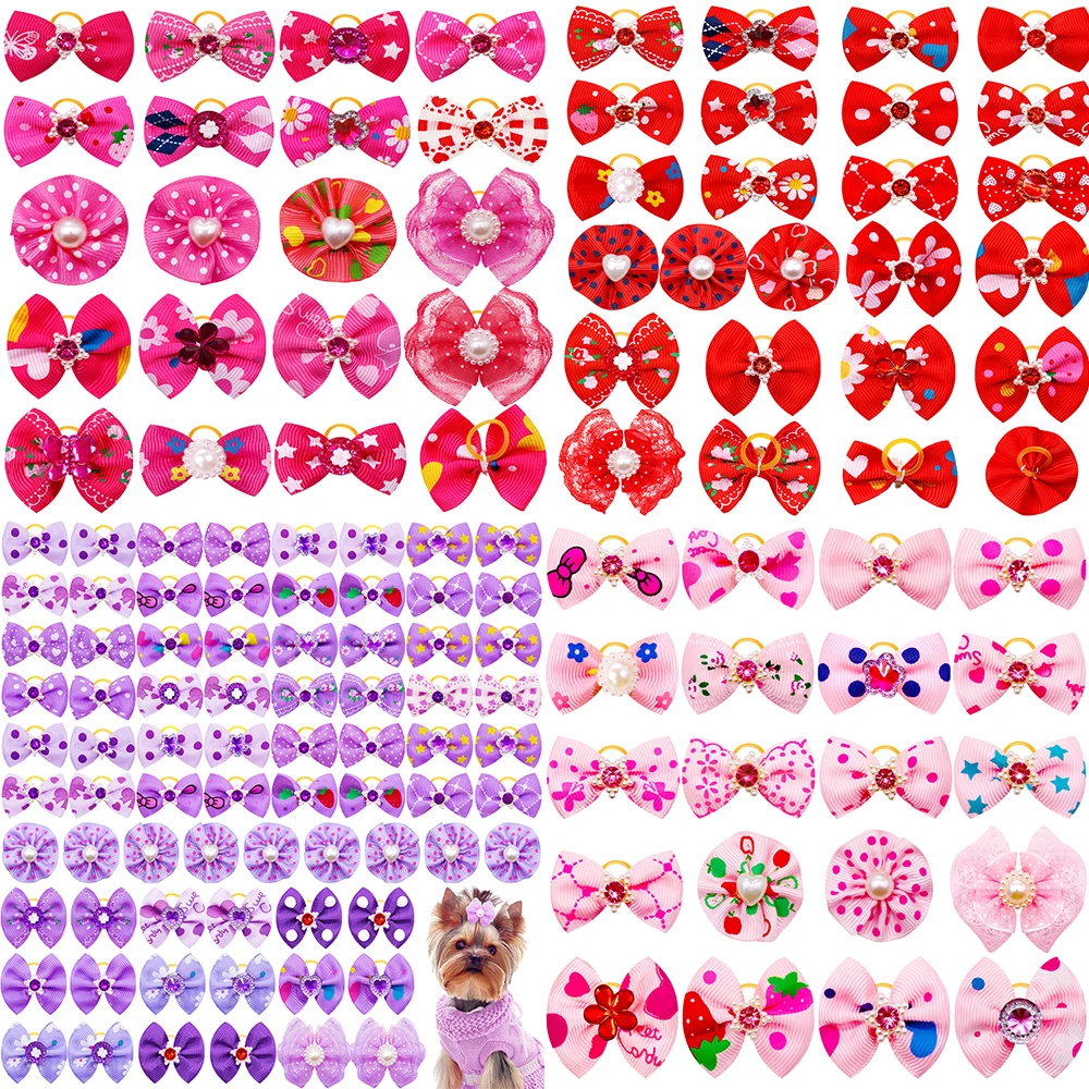 20/30pcs Colorful Dog Hair Accessoreis Cat Hair Bows with Diomand Pearl Puppy Hair Bows for Small Dog Pet Grooming Accessories