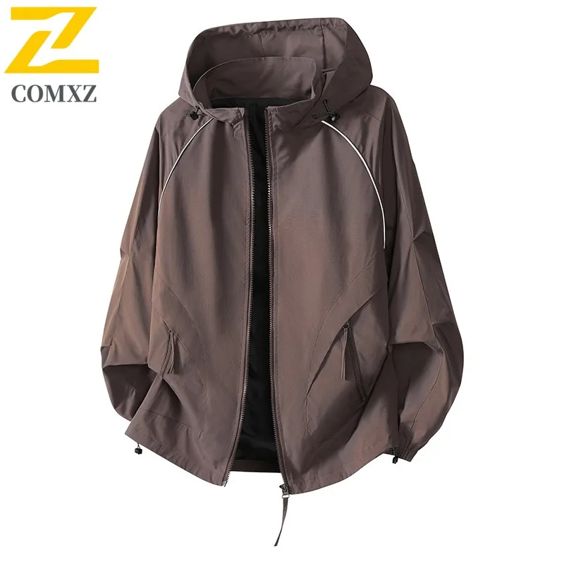 COMXZ 2025 Mens Jacket Casual Outdoor Mountain Windproof Jackets Classics Hooded Hiking Style Loose Spring Autumn Clothing