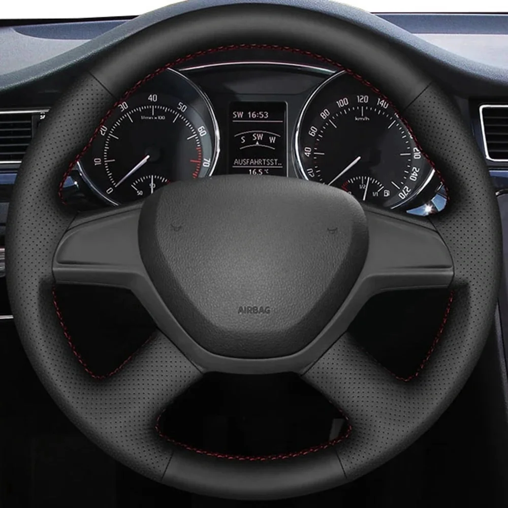 

Car Products DIY Black Wearable Faux Leather Car Accessories Steering Wheel Cover For 2014 Skoda Octavia 2013 Skoda Fabia