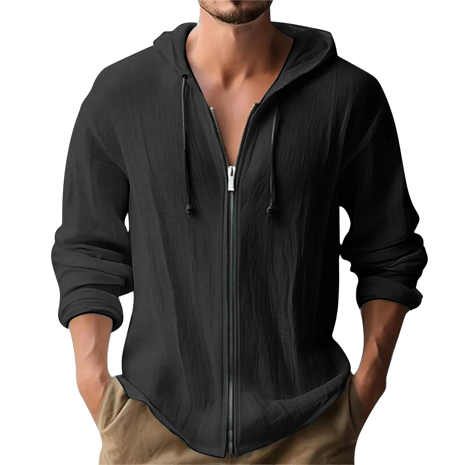 Men's Cotton And Linen Solid Color Hooded Long-sleeved T-shirt Zipper Cardigan Sports And Leisure Men's Shirt