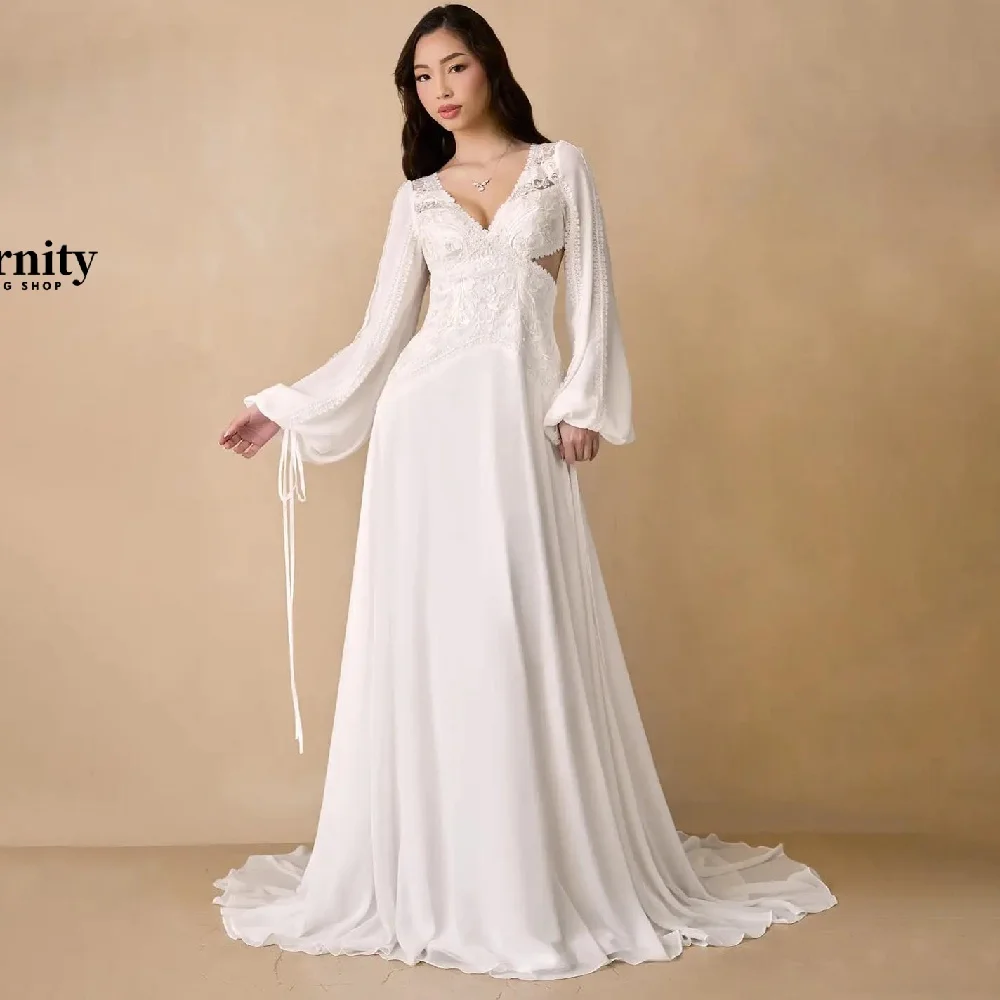 

Customized Beach Lace Applique Bridal Gowns A-line Ruched Wedding Dresses Full Sleeve V-neck Pleated Boho Bridal Gowns 2024