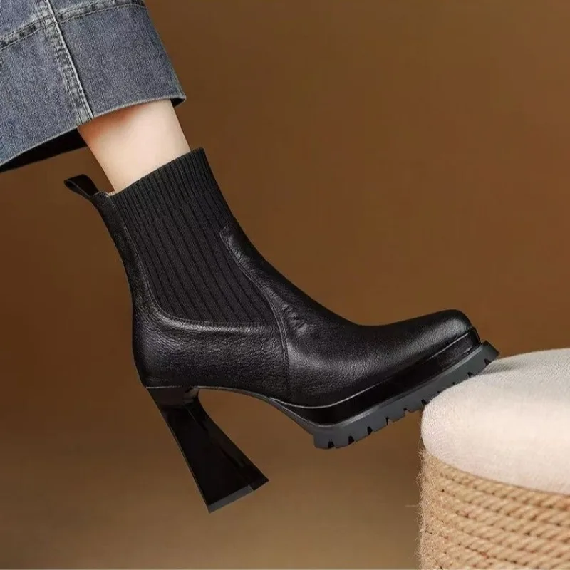 French Retro Pointed Toe Platform Stretchy Socks Boots Women's Autumn and Winter New Versatile Temperament High Heels view 5