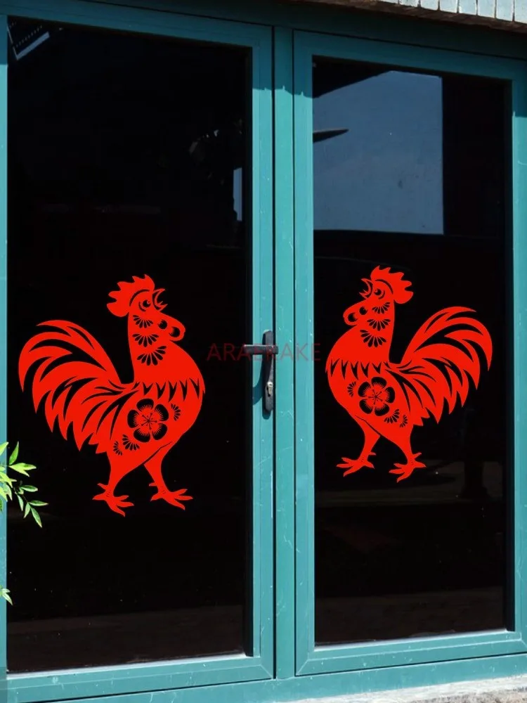 2pcs Zodiac Rooster Window Flower Electrostatic Stickers Glass Door Window Stickers Red New Year Spring Festival