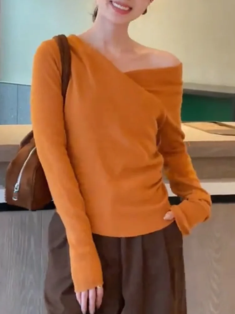 

Ele oulder Bared Women's Top Faionable Sli Autumn 2025 Large Size Versatile Long Sve Camere Commute Sle