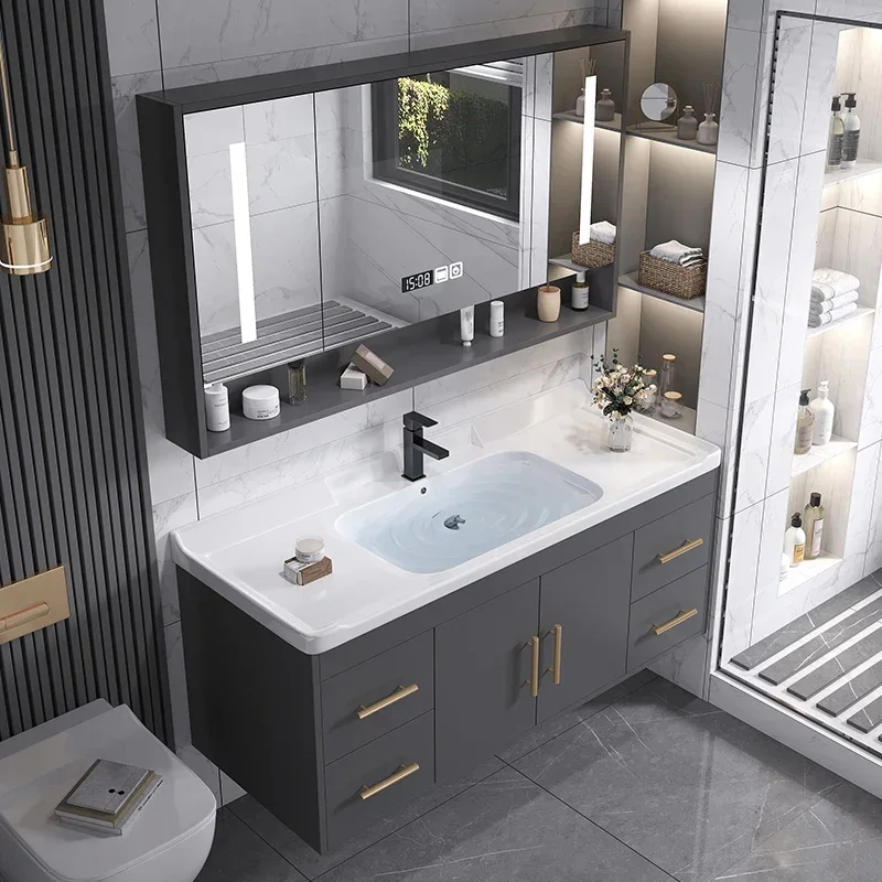 Organizer Bathroom Storage Cabinet Ceramic Basin Sink Modern Solid Bathroom Vanity Led Mirror Custom Bathroom Furniture