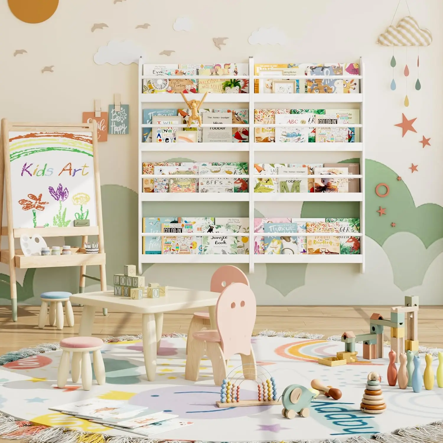 منظم رف كتب للأطفال على الحائط مكون من 4 طبقات للألعاب والكتب، وتخزين الحضانة باللون الأبيض #4