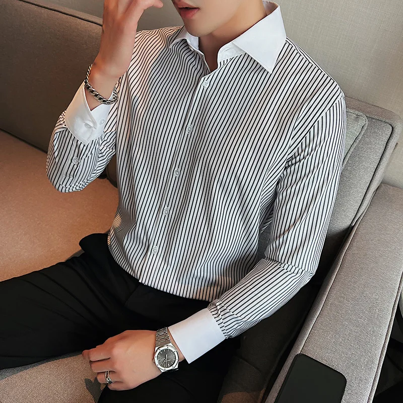 Autumn High Quality Striped Shirts Mens Long Sleeve Colorblock Big Lapel Collar Slim Casual Shirts Men Social Party Dress Shirt