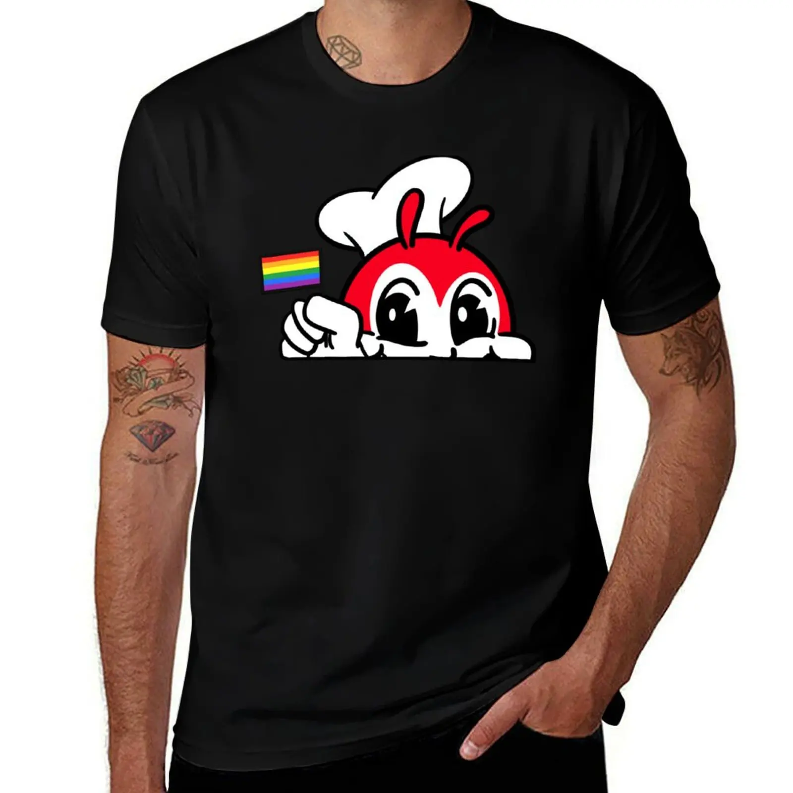 

JOLLIBEE PEEKING GAY PRIDE FLAG FILIPINO BACK PRINT T-Shirt Athletic Fit Sports Short Sleeve Top