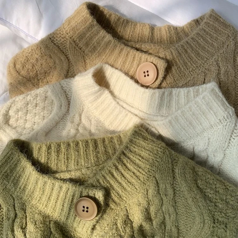 تويست سترة مشغولة من الصوف المرأة زر عادية بسيطة الرجعية س الرقبة الجلد ودية سترة سميكة مكتب سيدة طويلة الأكمام سترة